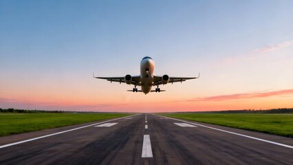 Airplane landing on runway at sunset