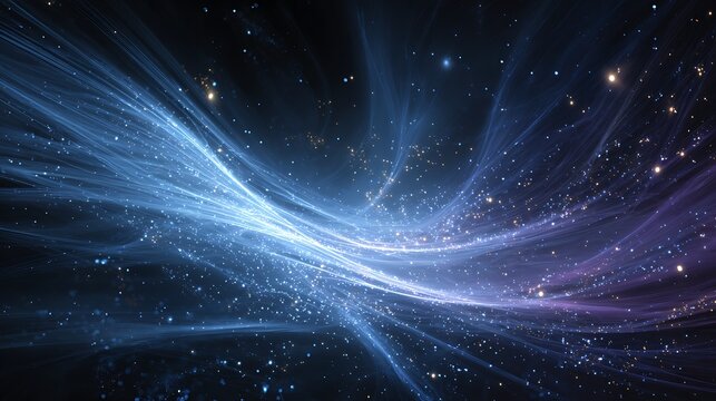 Abstract Blue Light Trails and Sparkling Particles in Dynamic Cosmic Scene - Powered by Adobe