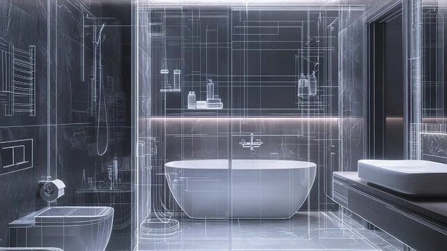 Modern bathroom interior showing architectural wireframe overlay and design concept