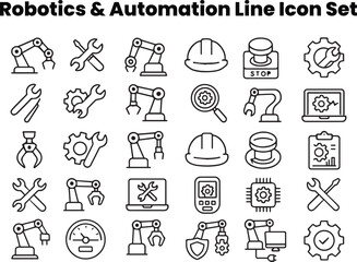 Editable black and white line vector icons showing coding robots, STEM education tools, and robotic learning kits