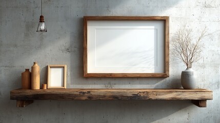 Stunning rustic wooden shelf displays empty picture frames and decorative vases against a textured concrete wall, perfect for interior design mockups.