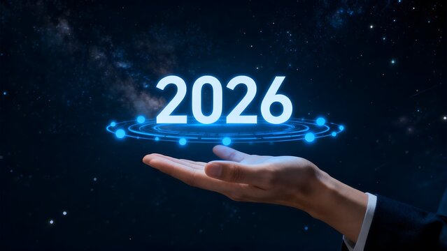 Hand holding futuristic year 2026
