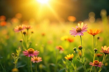 Serene Summer Wildflower Meadow Golden Light Bathes Gently Swaying Flowers, Peaceful Nature Backdrop for Design Projects