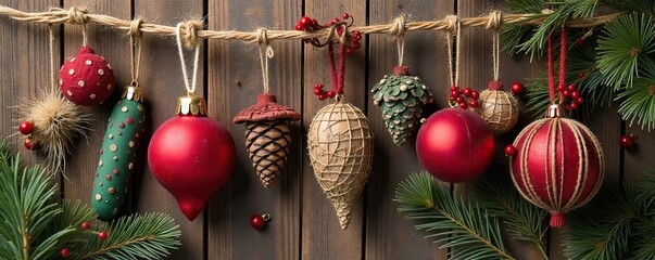 Charming Rustic Christmas Ornament Garland Handmade Pine Cone & Berry Decorations Hanging on Twine Against Warm Wooden Background