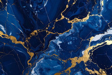 A luxurious, dramatic abstract marble texture with deep swirling navy, sapphire, and white colors, lavishly accented by cracked metallic gold veins.