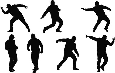 Silhouette of hip hop dancer performing street dance moves, urban breakdance action, freestyle choreography, modern youth culture, energetic motion illustration