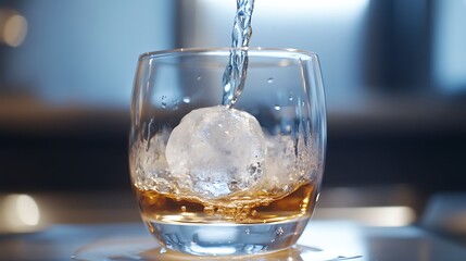 Whisky or liquor being poured over an ball ice in a glass