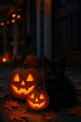 Obraz premium Cute black kitten with glowing pumpkins on a cozy porch at dusk