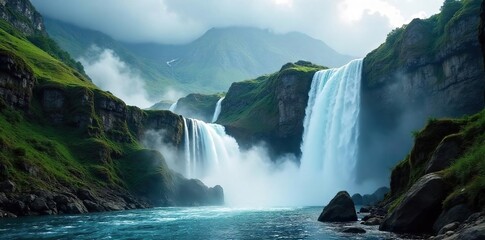 Majestic Waterfall Cascading Down Rugged Mountainside Breathtaking Nature Scene of Lush Greenery and Mist