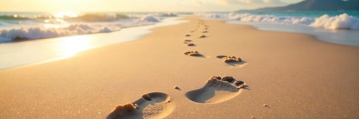 Solitary Journey Footprints in the Sand Disappearing into the Ocean at Sunset