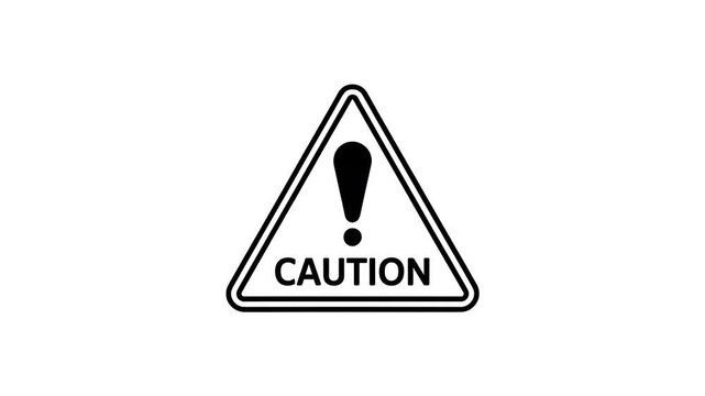 Black and white caution symbol 2D animation on white background, warning and safety alert concept