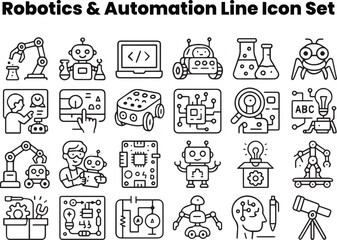 Editable black and white line vector icons showing automated construction robots, cranes, and site management systems