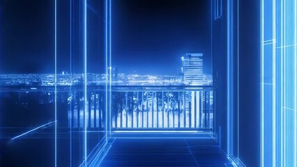 Digital apartment blueprint presenting futuristic cityscape at night - Powered by Adobe