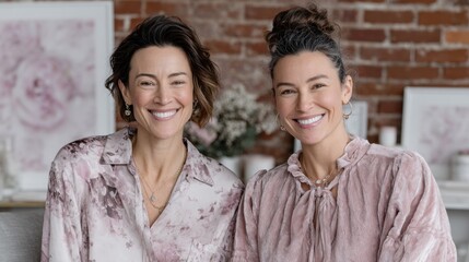 Smiling caucasian females in floral outfits posing indoors