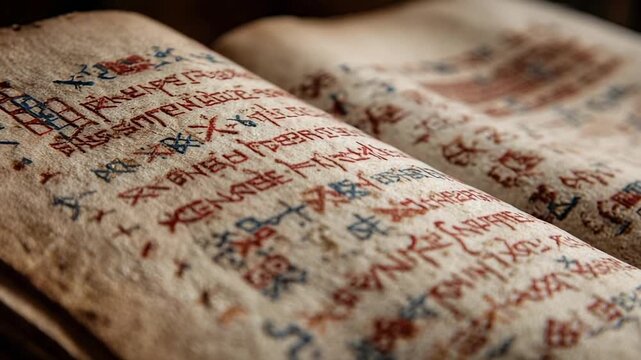 An old open manuscript with yellowed pages covered in red and blue symbols and script.