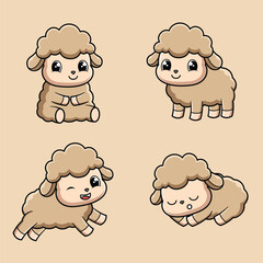 Set of 4 Cute Baby Sheep or Lamb Cartoon Poses Vector Illustration Sitting, Standing, Running and Sleeping