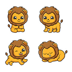 Set of Cute Little Lion Mascot Collection Sitting, Standing, Running, and Sleeping