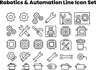 Editable black and white line vector icons including gears, pistons, sensors, and automated mechanical systems.