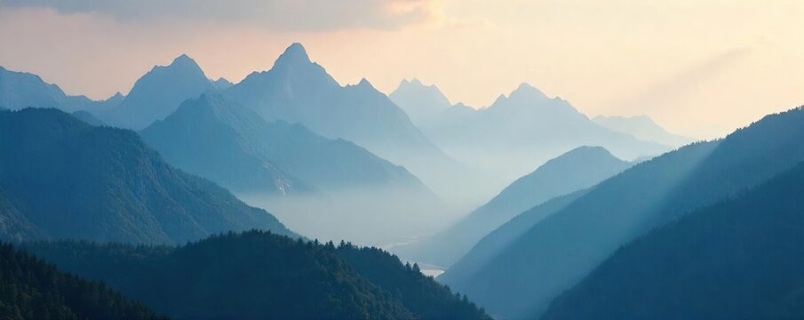 Sunlit Peaks Emerging from Misty Mountain Haze A Dramatic and Ethereal Landscape - Powered by Adobe