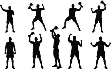 Silhouette of man celebrating victory with trophy, champion athlete winning competition, success celebration, sports achievement, motivation and triumph concept illustration