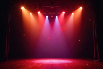 Dramatic Stage Lighting Intense Beams Illuminate Dark Theater, Ready for a Performance