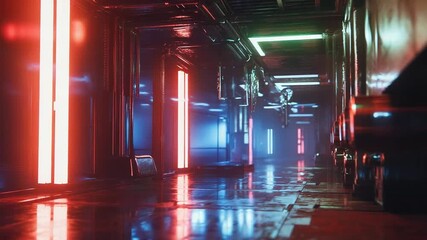 Futuristic cyberpunk corridor glowing with neon lights - Powered by Adobe