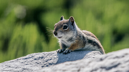 Obraz premium Adorable golden-mantled ground squirrel perched on a rock, looking thoughtfully into the distance at green meadow