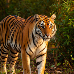 Alert Bengal Tiger in Sunlit Forest Landscape