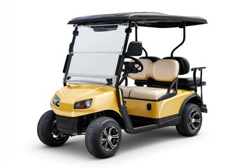 Fototapeta premium Golden golf cart, front view, isolated