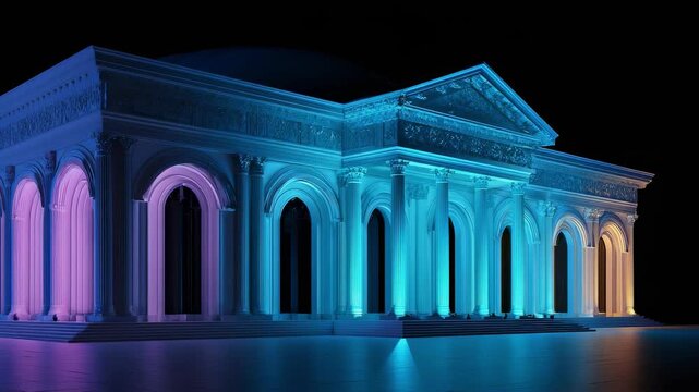 A grand neoclassical building with tall arches and a pediment, illuminated in blue and purple at night.