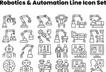 Editable black and white line vector icons featuring medical robots, surgery automation, hospital AI, and healthcare innovation. Designed for medical tech presentations and health industry projects