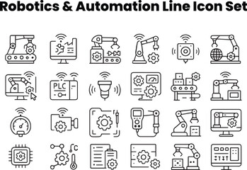 Editable black and white line vector icons of smart factories, IoT sensors, automated machinery, and digital production. Best for industrial and tech projects