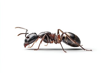 Close-up profile view of a large ant.  Dark brown and black segmented body with distinct head and legs.  Sharp focus against a pure white background