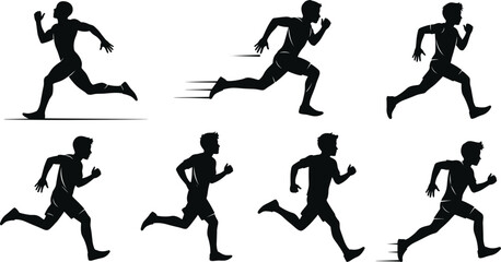 Running man silhouette collection, athlete sprinting action poses, fitness training vector illustration, sports motion concept, healthy lifestyle exercise art