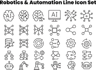 Editable black and white line vector icons showing AI brains, neural networks, algorithms, and smart automation systems. Ideal for digital transformation, robotics, and data science visuals