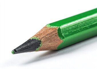 Close-up of a sharpened green pencil tip.  The graphite lead is visible, showing a worn point