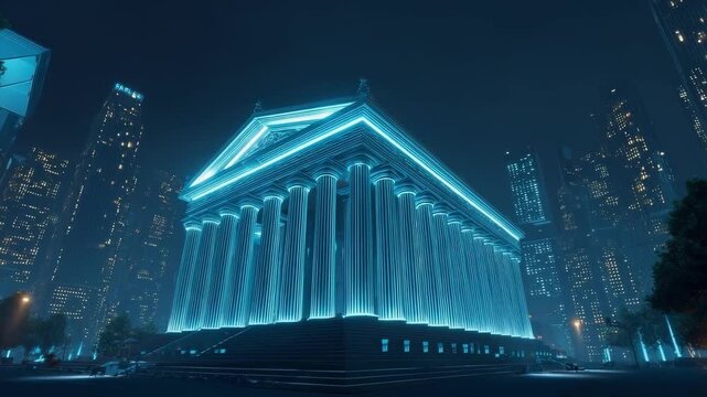 A futuristic neon-lit temple with tall illuminated columns and a triangular pediment, glowing blue in a night cityscape.