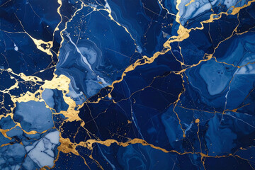 A stunning, luxurious abstract marble texture with deep swirling navy and cobalt blues and dramatic veins and splatters of metallic gold.