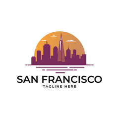 Fototapeta premium Modern San Francisco skyline logo concept with sunset backdrop and trendy color palette for branding solutions