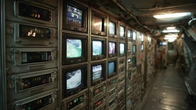 Dim submarine-style corridor lined with dozens of vintage CRT monitor screens and control panels.