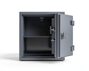 Gray metal safe, open, empty interior