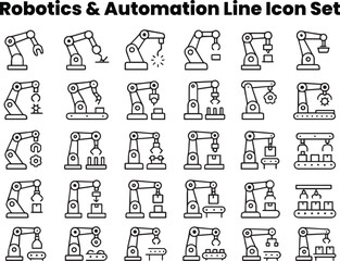 Editable black and white line vector icons featuring robotic arms, conveyor belts, factory automation, welding bots, and assembly line systems. Perfect for industrial, manufacturing, and Industry 4.0 