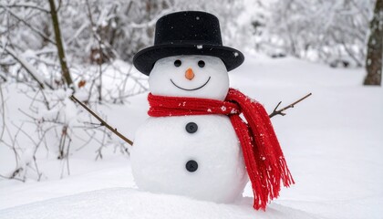 Obraz premium Snowman named Firefly wearing a black hat and red scarf smiling in a snowy forest during winter