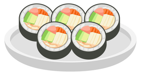 Vector illustration of Korean kimbap rolls with rice, vegetables, egg, and crab stick on plate, colorful traditional Korean snack. © jattumongkhon