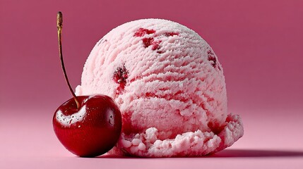 Indulge in the sweet delight of creamy strawberry ice cream with a fresh cherry garnish, perfect for summer treats and dessert advertising.