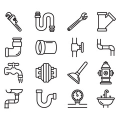 A collection of plumbing icons. Thin line vectors. Contains icons of various shapes and types of pipes, ducts, and more.