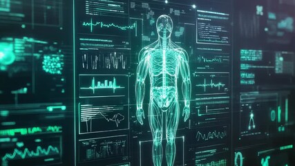 Human body anatomy hologram displaying medical data interface - Powered by Adobe