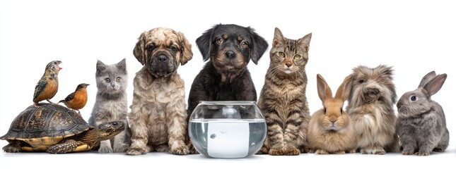 Row of various small pets, including dogs, cats, birds, rabbits, and a turtle, seated in front of a fishbowl