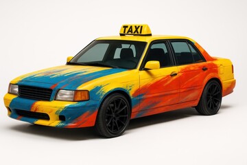 Stylish yellow taxi with bold blue and red paint strokes, blending street art with modern automotive design.