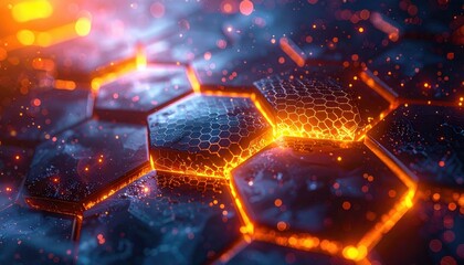 Glowing geometric hexagons with orange and blue hues create a futuristic and dynamic background, with a focus on the abstract design and its energy.